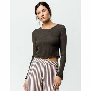 Bozzolo Top Gray Ribbed Cropped Long Sleeve Round Neck Size L NWT